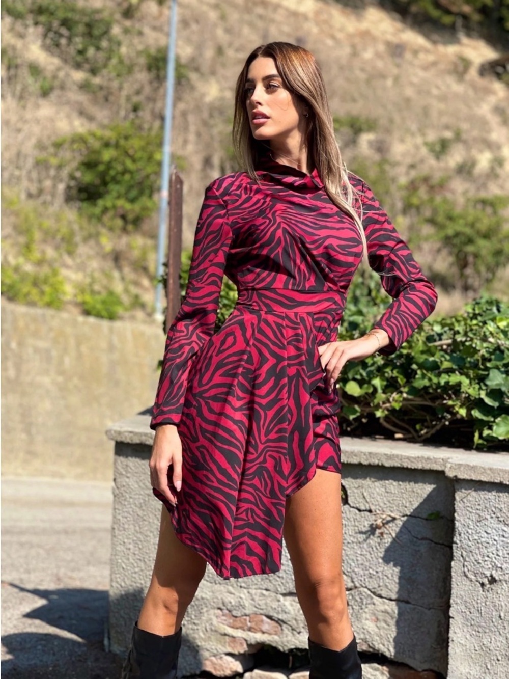 Asymmetrical Magenta Zebra-Print Dress with Long Sleeves